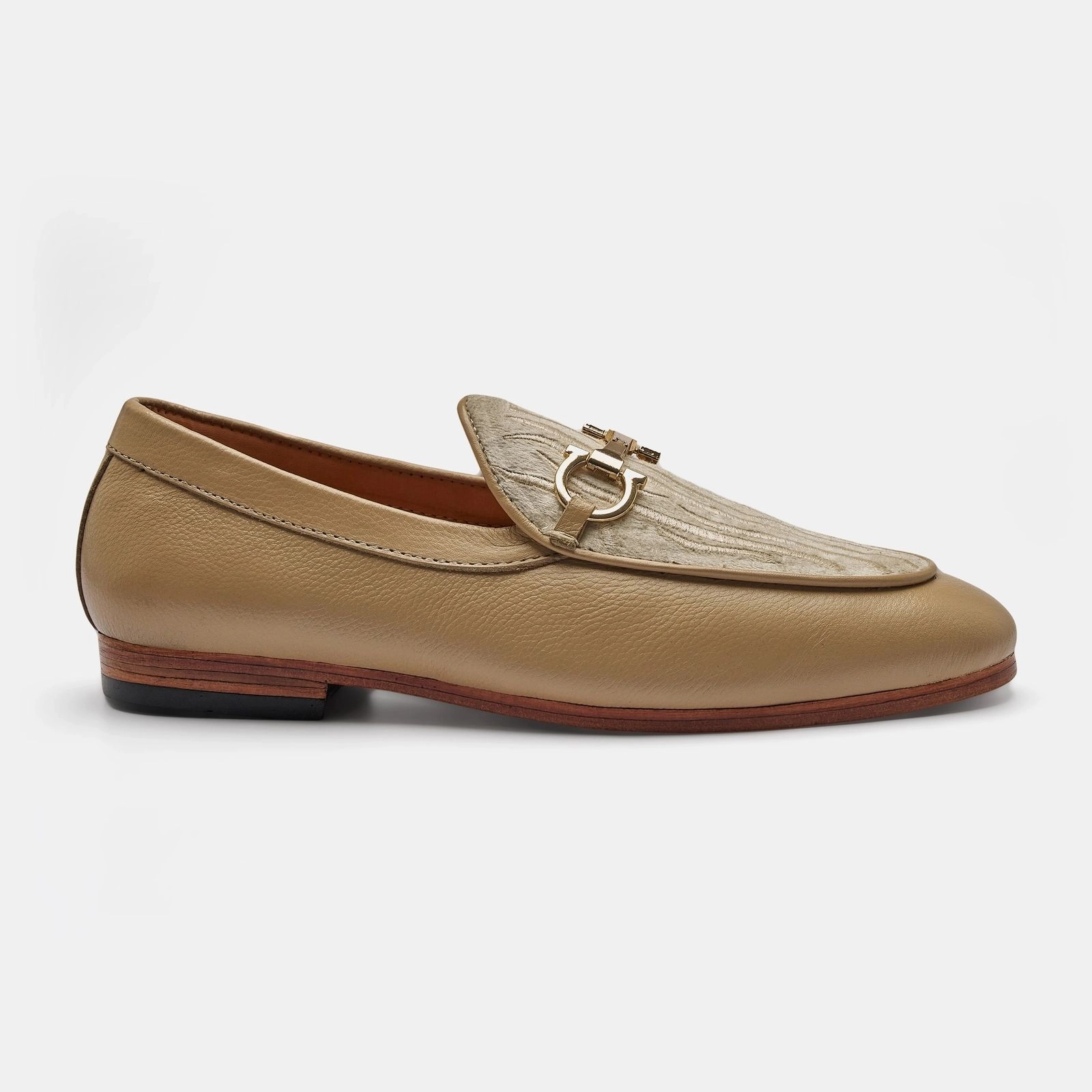 Tan Textured Suede Panel Horsebit Loafer
